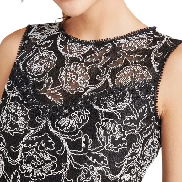 ML Monique Lhuillier Petra Lace Midi Dress Size 16 Black White Floral Lace  Trim Midi